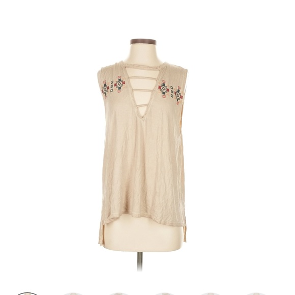 Beige Sleeveless Tank Tribal Embroidered Cut-out Design POL Sm - Picture 1 of 5